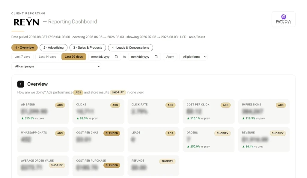 Dashboard screenshot for advertising reporting for Digital Marketing client REYN Jewelry.