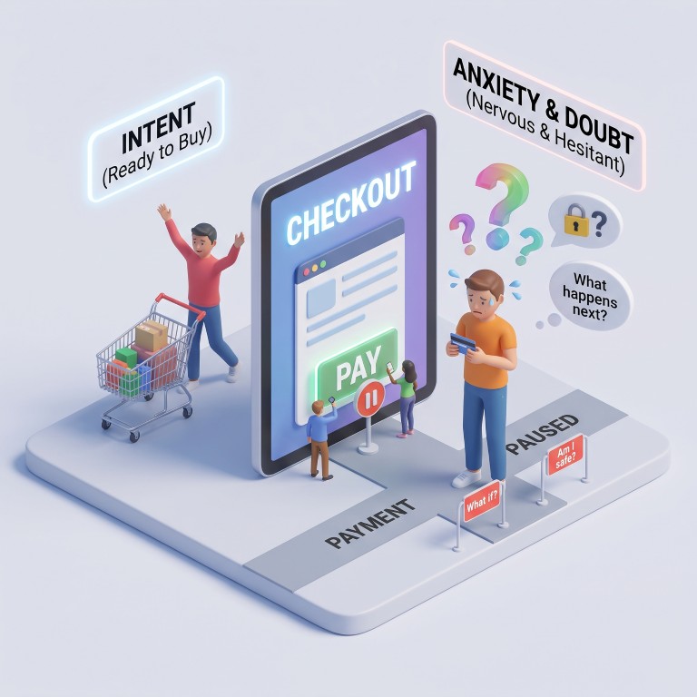 3d illustration showing user ready to buy but anxious at the same time
