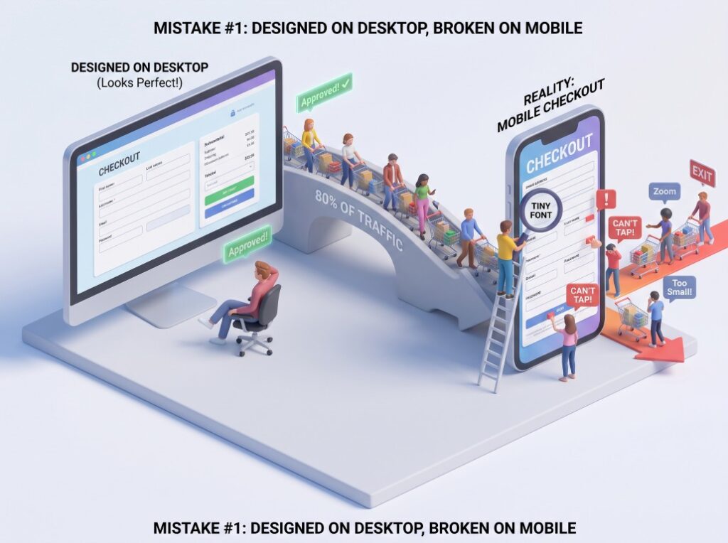 3d illustration showing the design is good on desktop but not mobile optimized