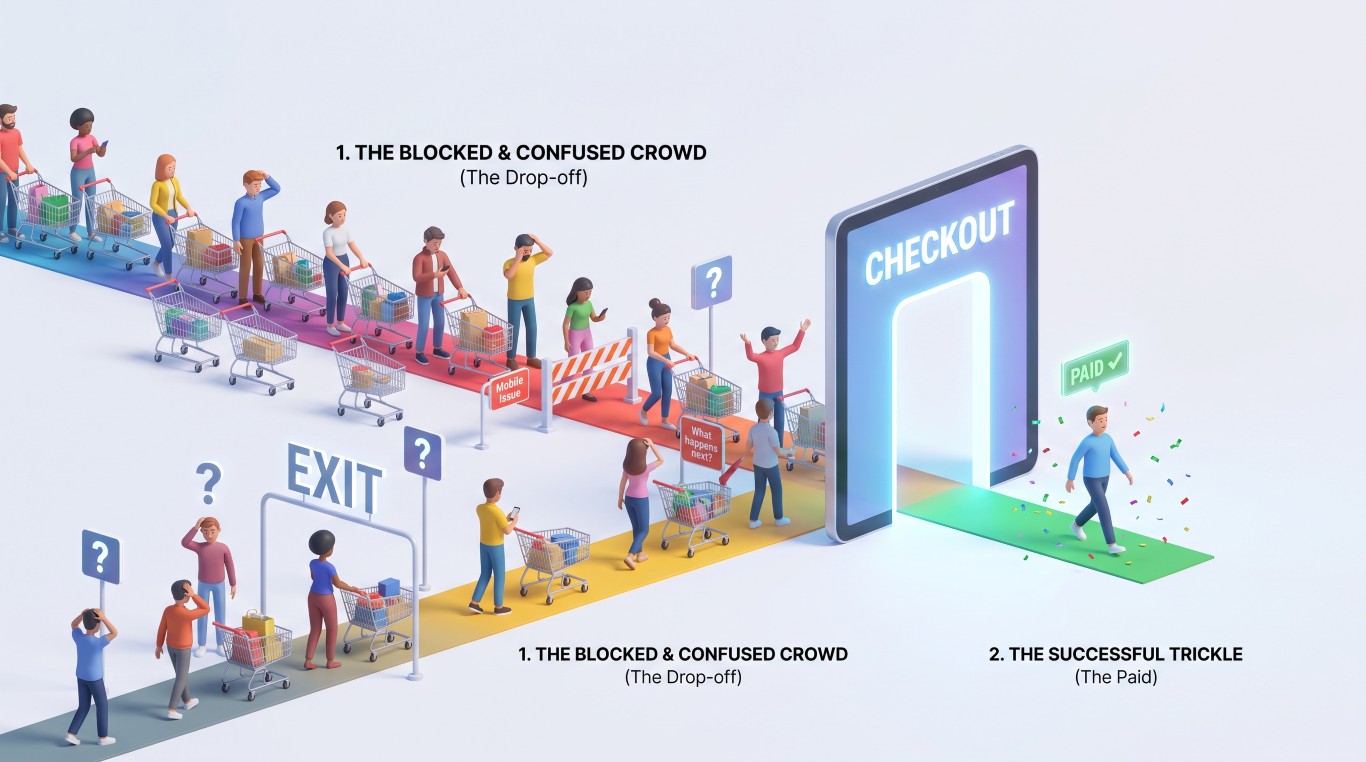 3D illustration of people getting to checkout and not following through