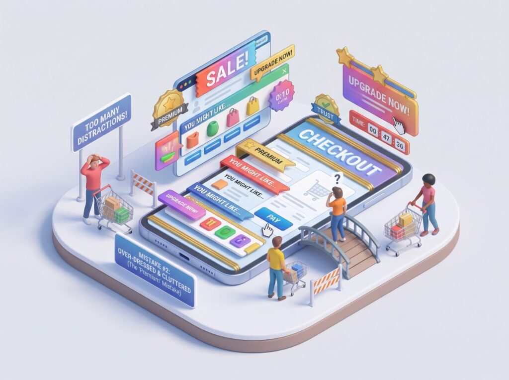3d illustration of a checkout page with too many distraction trying to look premium