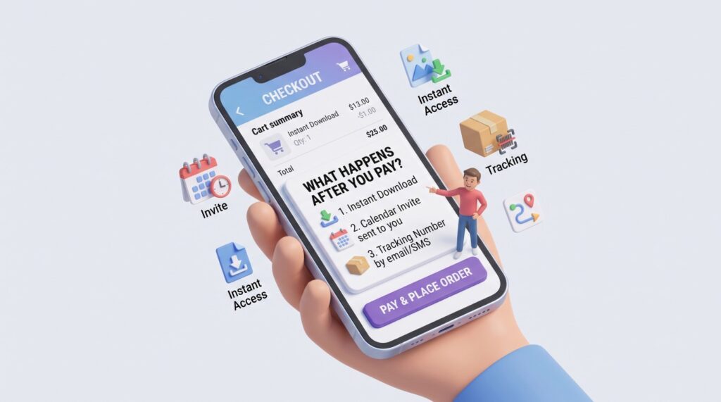 3D illustration showing what should happen after a checkout is completed